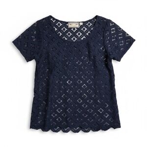 Two of Us‎ Navy Blue Crochet Lace Short Sleeve Top Womens Size M Square Neck